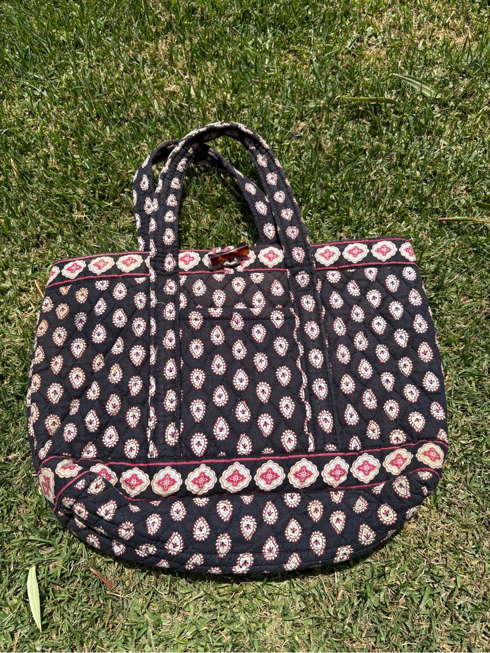 Vera Bradley Black Quilted Tote with Cream and Pink Motif